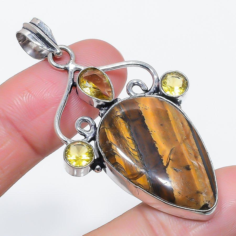 Natural Tiger Eye, Citrine 925 Sterling Silver Jewelry Pendant 2.36" U1m69