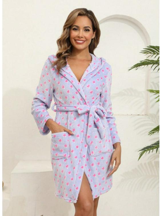 2025 Populární evropské a americké útulné nadýchané županové pyžamo s kapucí na podzim/zimu - krátký rukáv, jednobarevné.