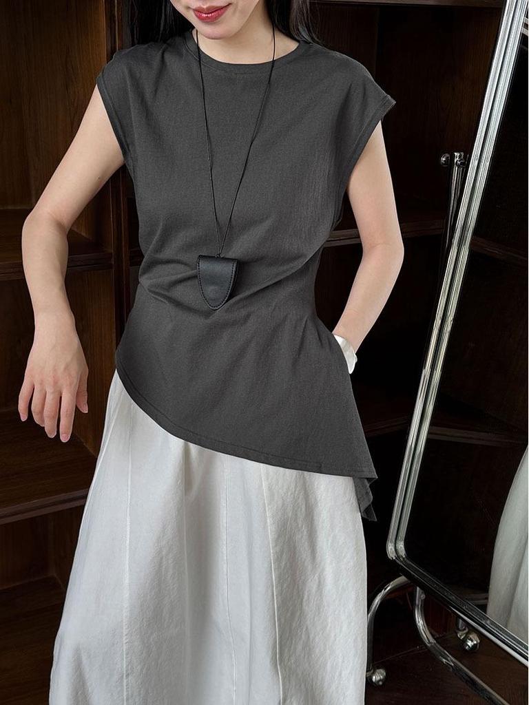 LUXI Koreanisches Schlank geschnittenes Kurzarm-T-Shirt mit Schnürung und unregelmäßigem Saum für Damen