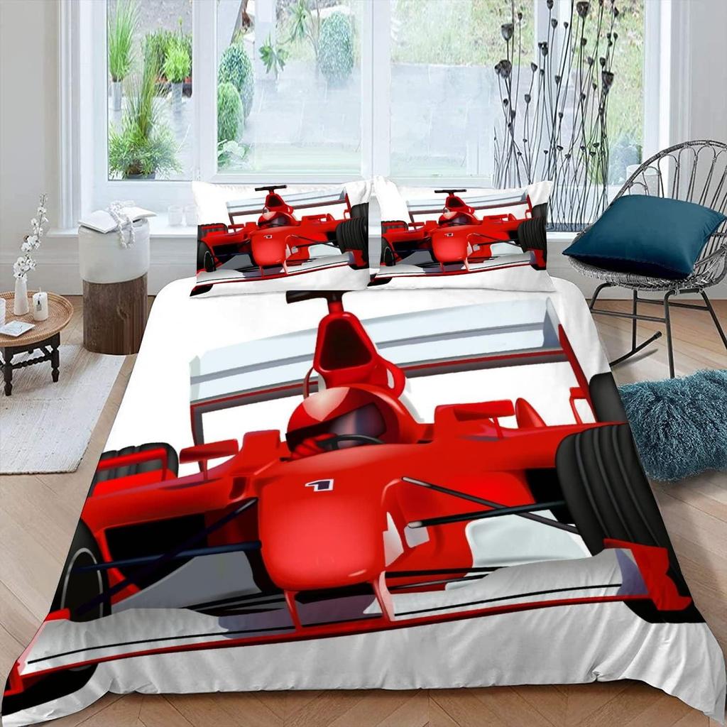 F1 Race car 3D Printed with Zipper Closure,Soft Bedding Set Microfiber 2 Pieces 1 Quilt Cover with 2 Pillowcases Kids Teens