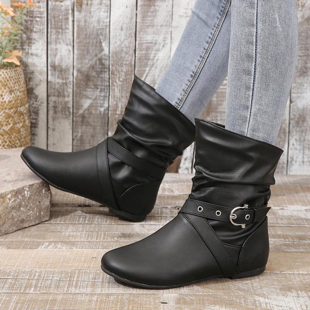 Scarpe da Donna Stivali Bassi Comodi Suole Morbide Moda Stivali da Esterno in Pelle a Mezza Gamba Stivali Donna 9