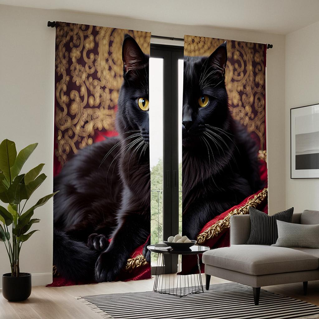2 st set HD soffa på svart katt dekorativ gardin Svart slips digitaltryckt gardin heminredningsstil dekoration vardagsrum ro