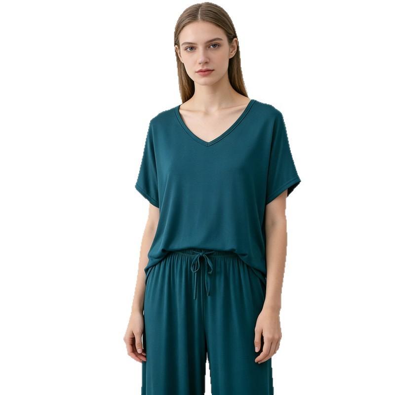Summer Modal Homewear 2 Piece V-Neck Short Sleeve Tshirt and Wide Leg Pant Ankle Length Loose Sleepwear Set Comfort Pajama Sets