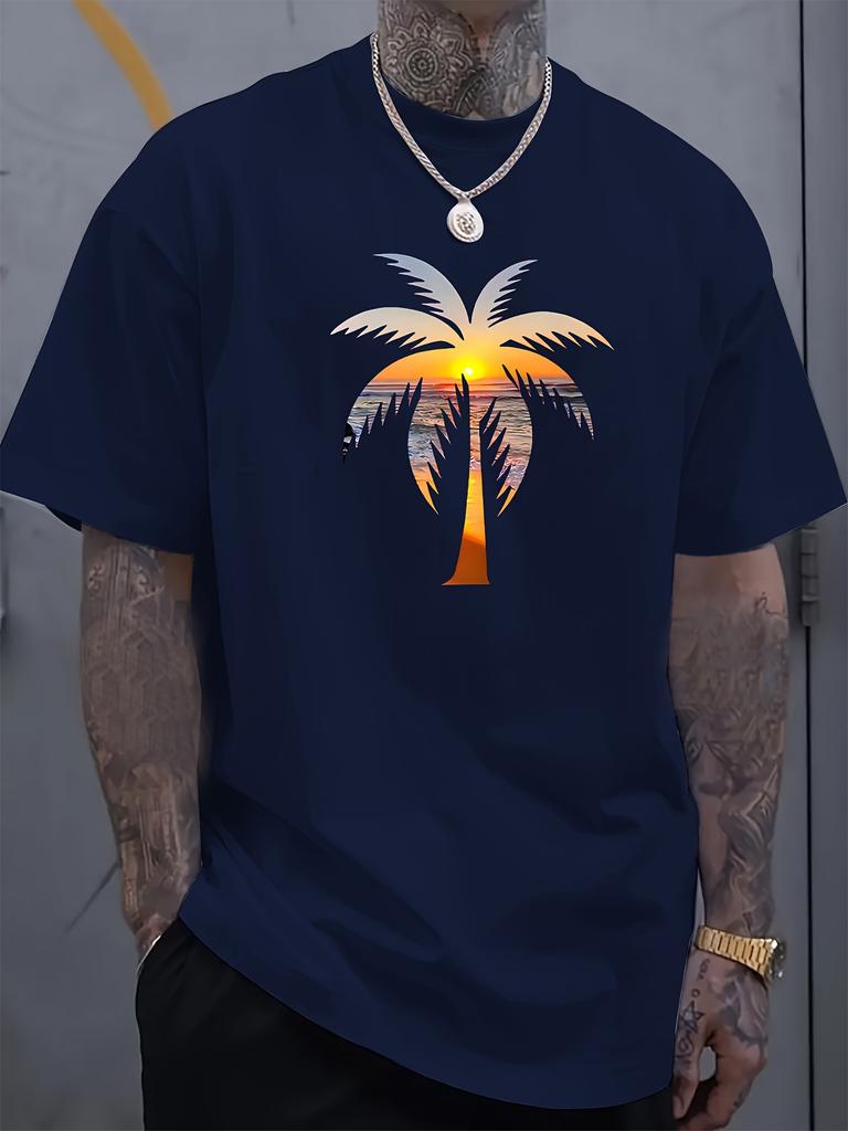 Mens summer casual cotton Tshirt with sunset coconut tree graphic crew neck short sleeves slight stretch regular fit