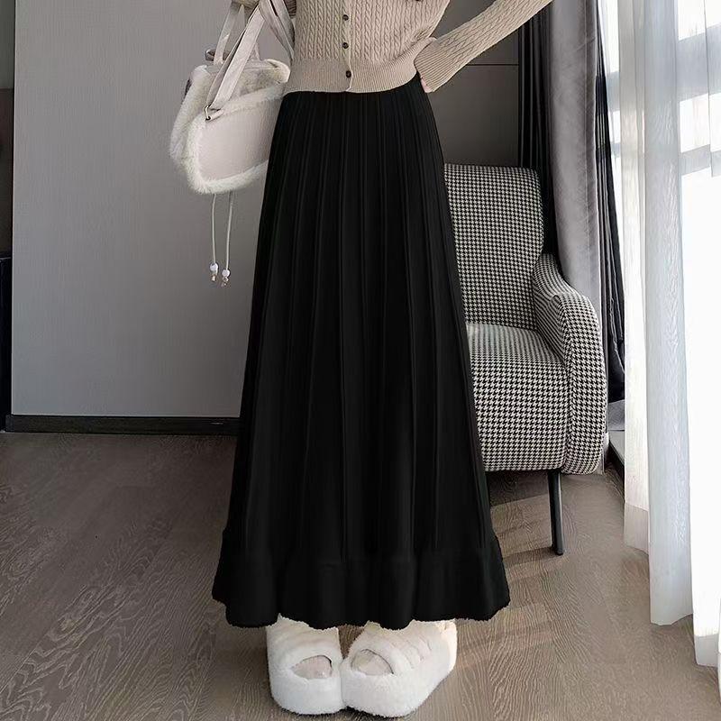 Autumn Winter Women's Knitted Pleated Skirt Long High-waist A-line Skirt