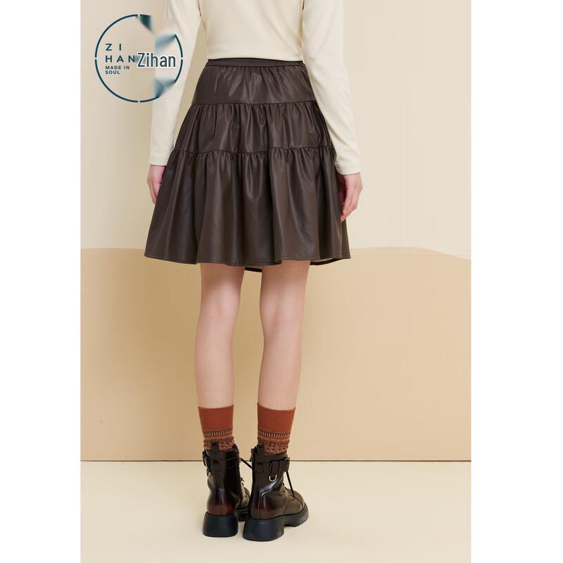 ZIHAN Women's Retro Brown PU Leather High-Waist Pleated Mini Skirt