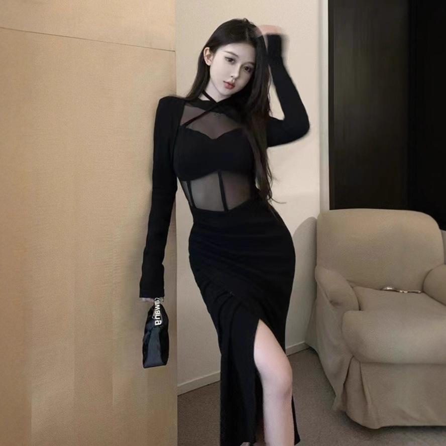 Pure desire Spice Girl mesh splicing long-sleeved dress women's early autumn new split-ended sexy medium and long hip-wrapped dress