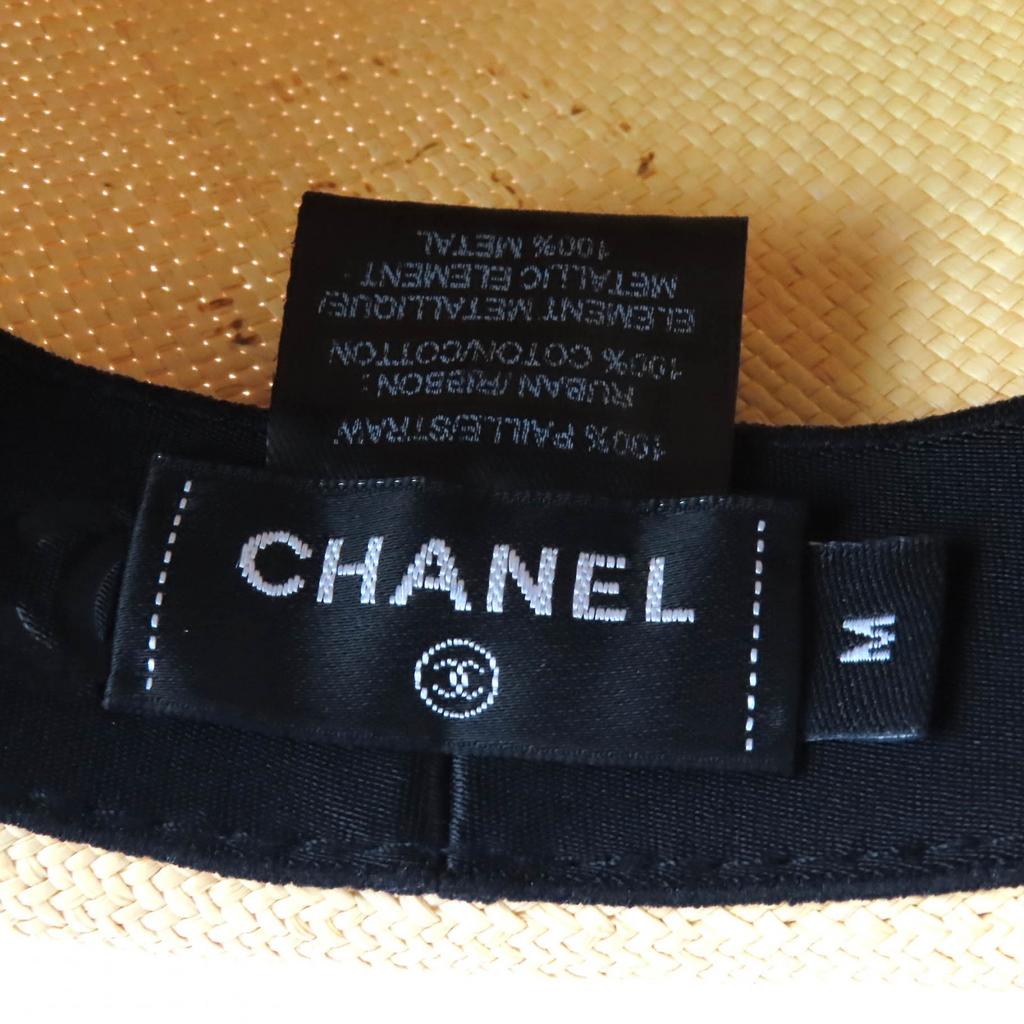 Excellent CHANEL COCO Mark Ribbon Fedora Straw Hat Beige Gray Pile Women M 22S Used