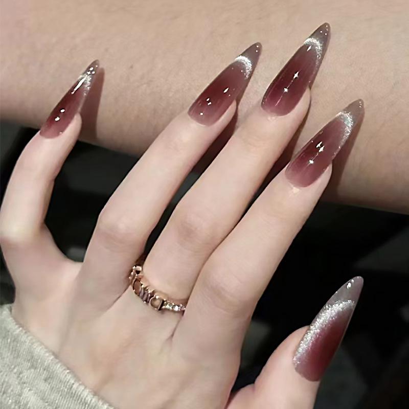 Removable Wine Red Cat Eye Long Press-On Nails - Sweet High-End Nail Art Stickers