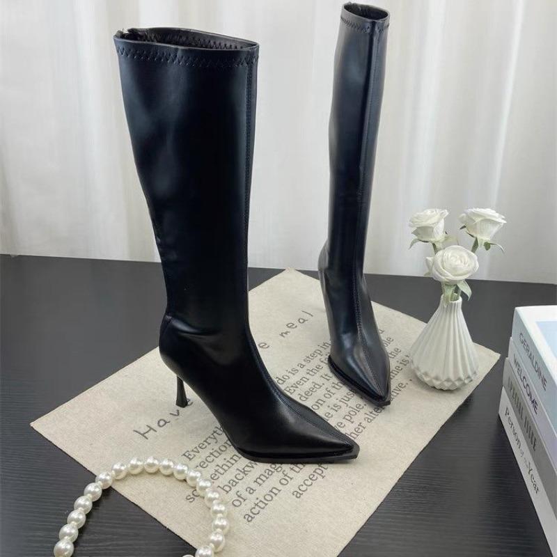 Fashion New Style Popular Women's Pointed Toe High Stiletto Heel Pleated Knee High Boots Women's Mid-Leg Comfortable Zapatos De Mujer