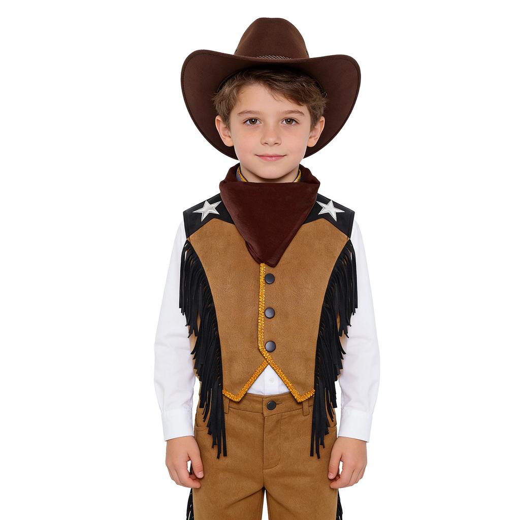 Costume da Cowgirl Western per Bambini Set Gilet Frangiato Bordatura in Nastro Dorato Bottoni a Pressione Cappello a Tesa Larga Bandana Outfit
