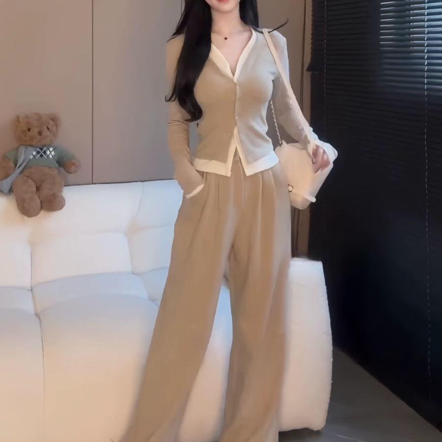 Women's Korean Style Two-Piece Set: Fake Two-Piece Long-Sleeve Top with Wide-Leg Pants - Spring/Autumn Fashion