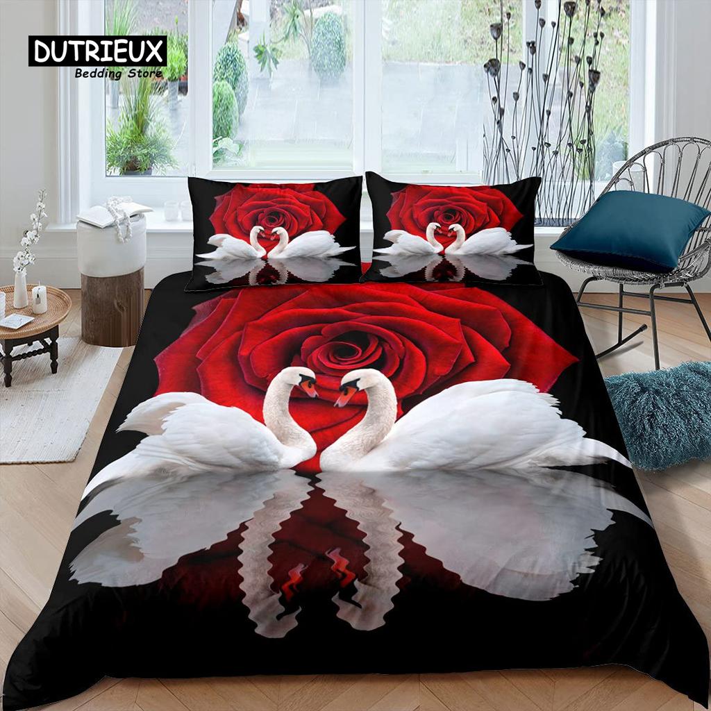 Swan Bedding Set Romantic Flowers Duvet Cover King Birds Wildlife Quilt Cover for Couple Lady Man Wedding Festival Party Decor