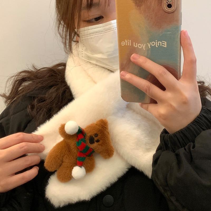 Cute Biscuits, Bears, Plush Gloves, Women's Winter Warmth, Thickened and Plush Fingers Can Be Hung Around the Neck, Student Christmas Gifts