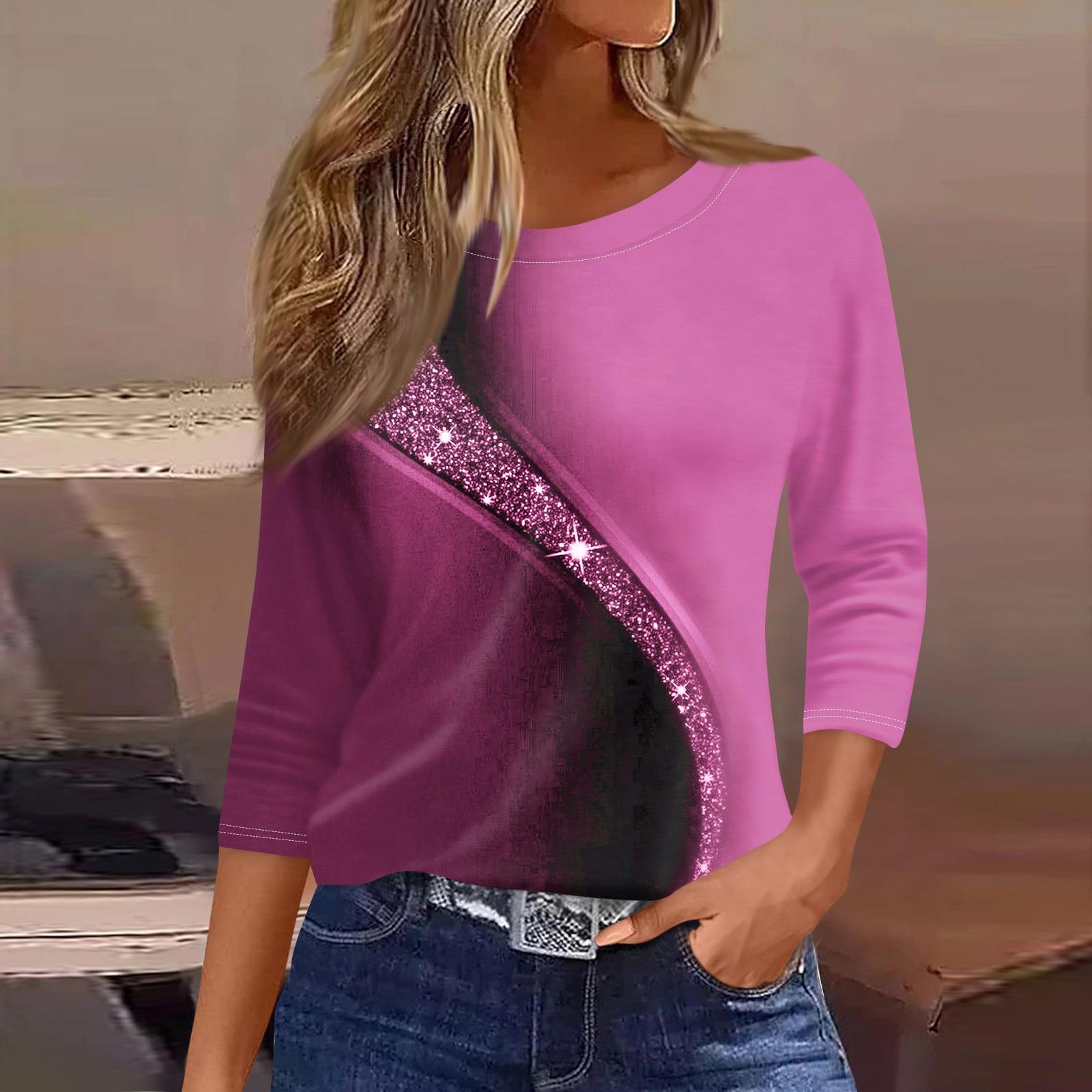 

Жіноча модна повсякденна вільна сорочка з круглим вирізом і ретро-принтом з рукавом сім чвертей L рожевий