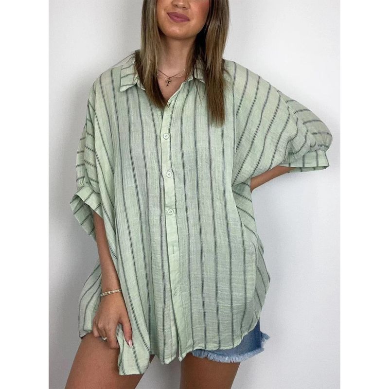 

New Arrival Stripes Print Loose Casual Shirt Women s Fashion Leisure Green 2XL