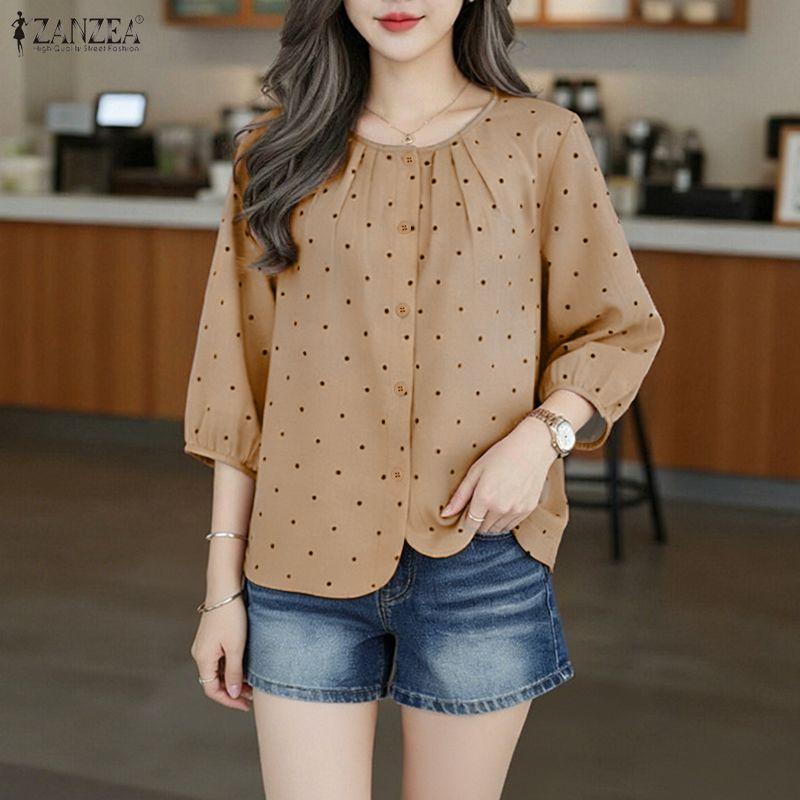 ZANZEA Women Casual Round Neck 3/4 Sleeve Loose Polka Dot Print Blouse
