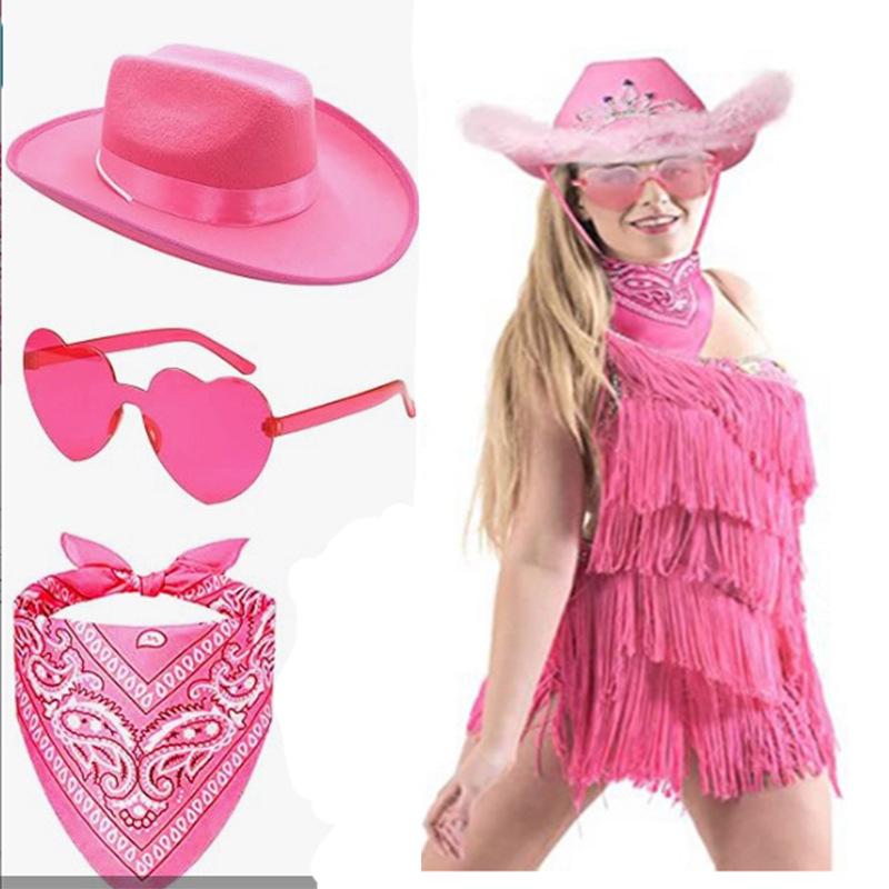 Pink Cowboy Hat, Black & White Scarf, Denim Hat Three-Piece Set
