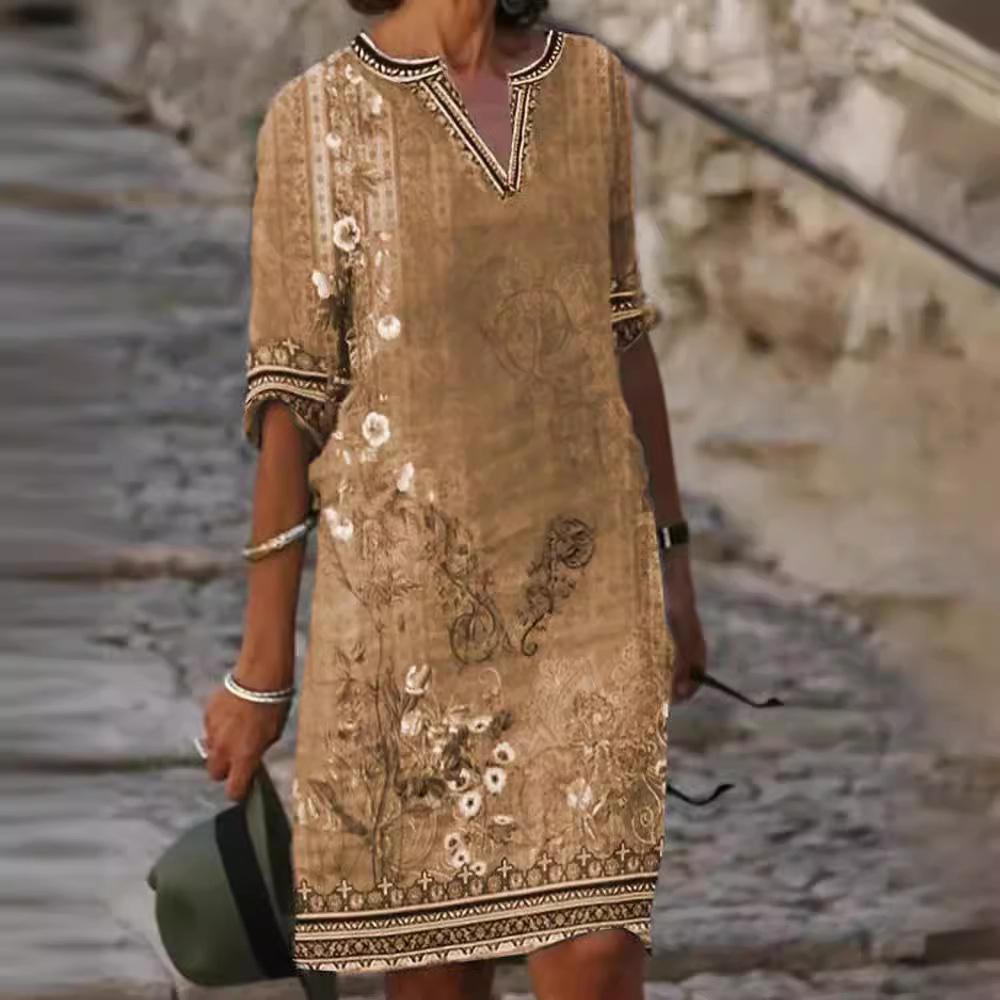 Women's Spring and Summer Famous Style Printed Casual V-Neck Dress