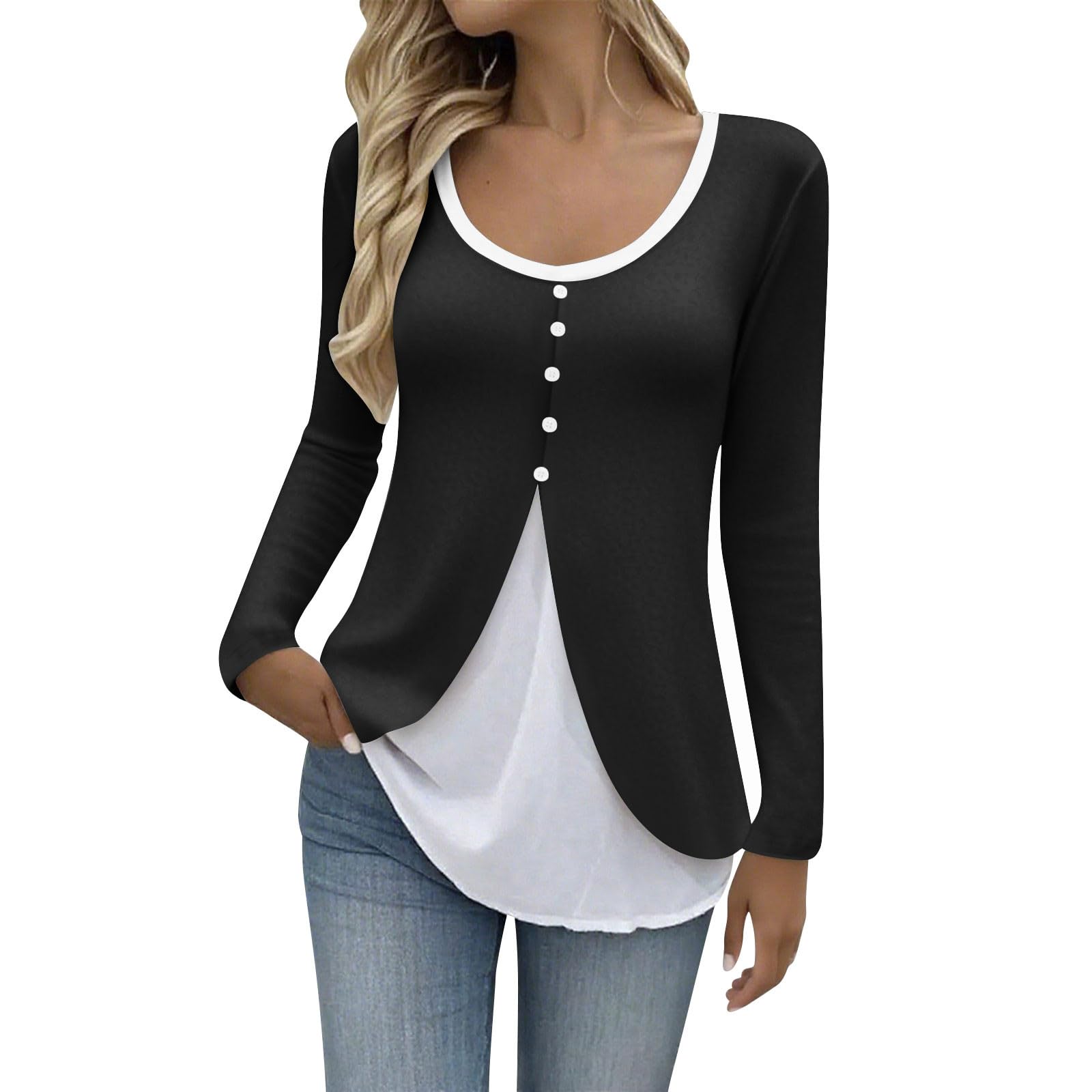 Women s Casual Fashion U-neck Contrast Color Long Sleeve Button T-shirt L