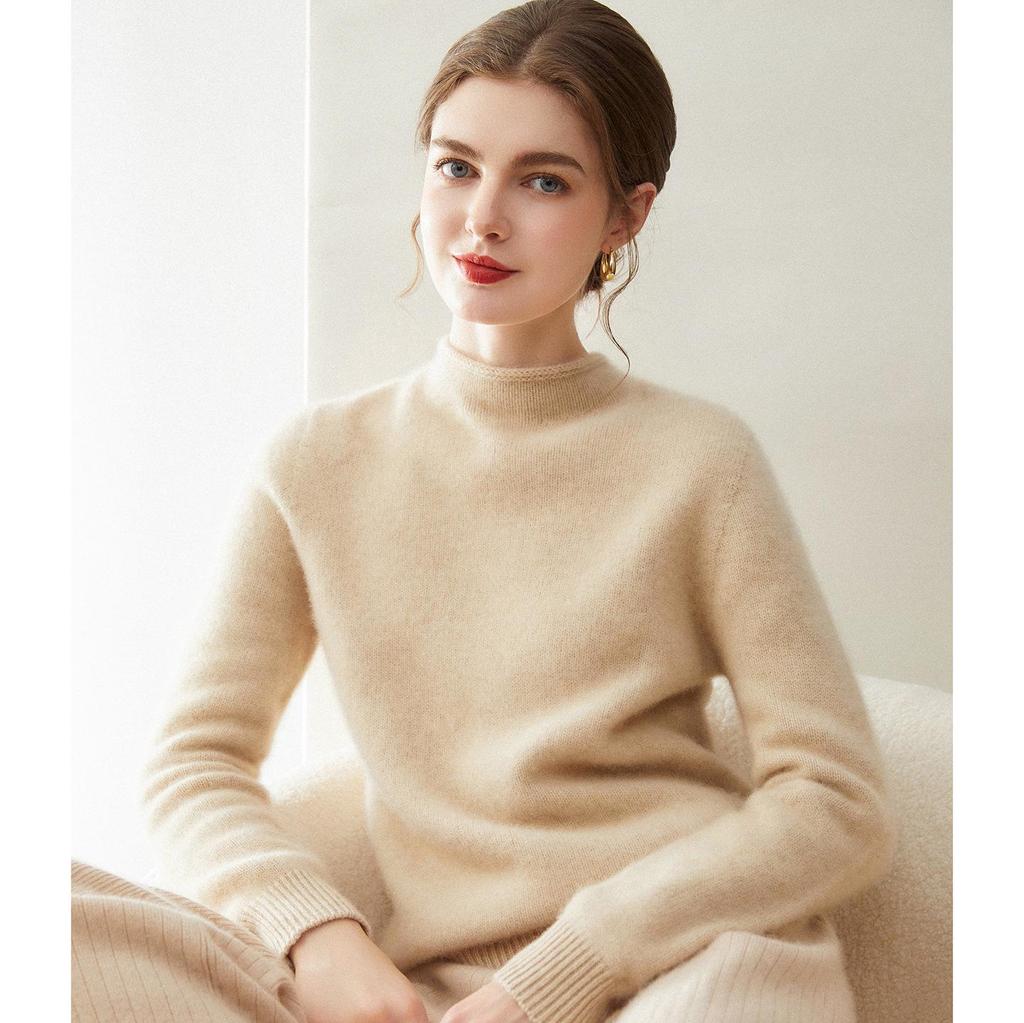 Women's Pure Cashmere Loose Fit Turtleneck Sweater with Rolled Hem