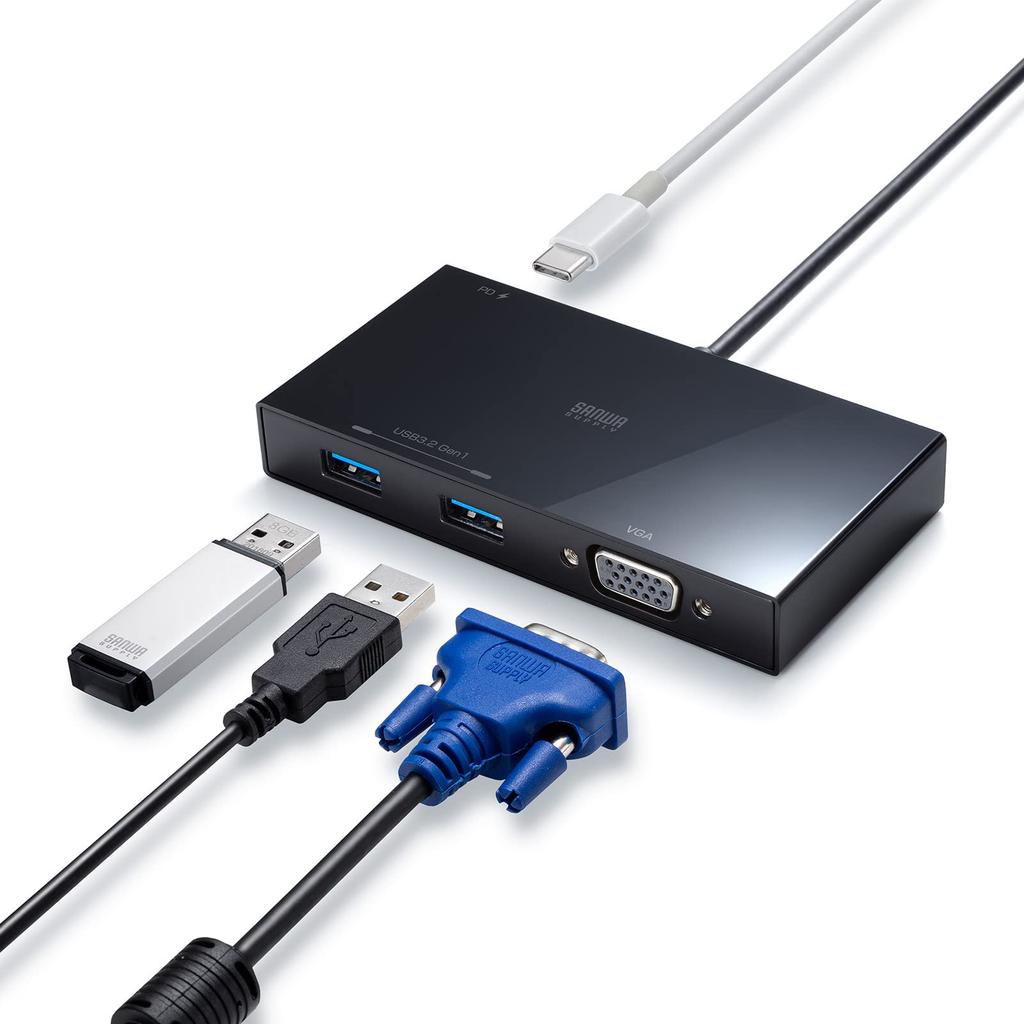 Sanwa Supply USB VGA 2 1 PD100W Integrated Type-C Hub, 3.2 Gen1, 5Gbps, 1080p, A-Type Connectors, Type-C Connector, Pass-Through, Cable, 50cm,