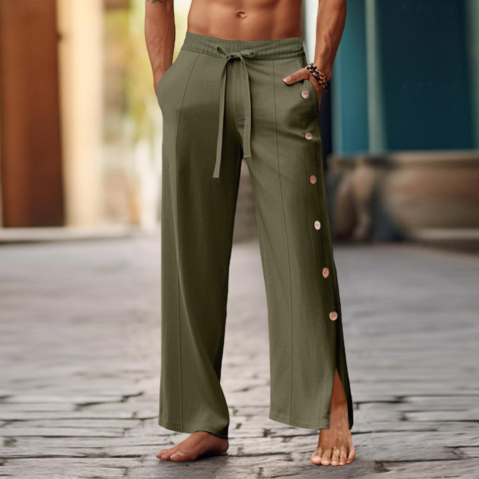 

Мужские повседневные свободные и удобные повседневные брюки, хлопковые льняные брюки с пуговицами XXL армия зеленый