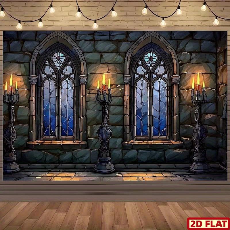 A 2D flat background featuring a medieval castle design with Gothic windows and stone walls.zyc