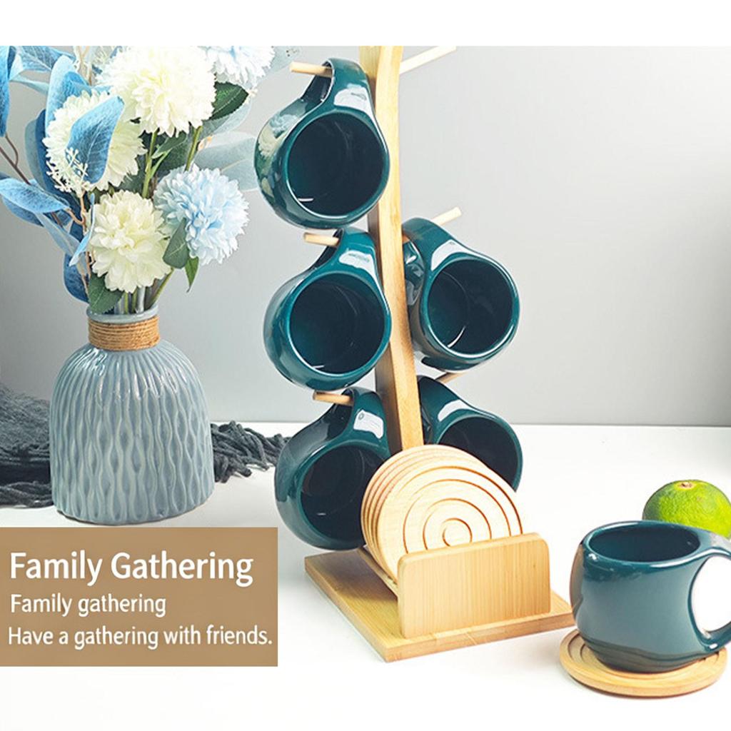 Nordic Style Ceramic Coffee Mug Set with Natural Bamboo Tree Cup Holder and Non-slip Coasters Stylish Kitchen Organizer for Tea and Coffee Home Decor