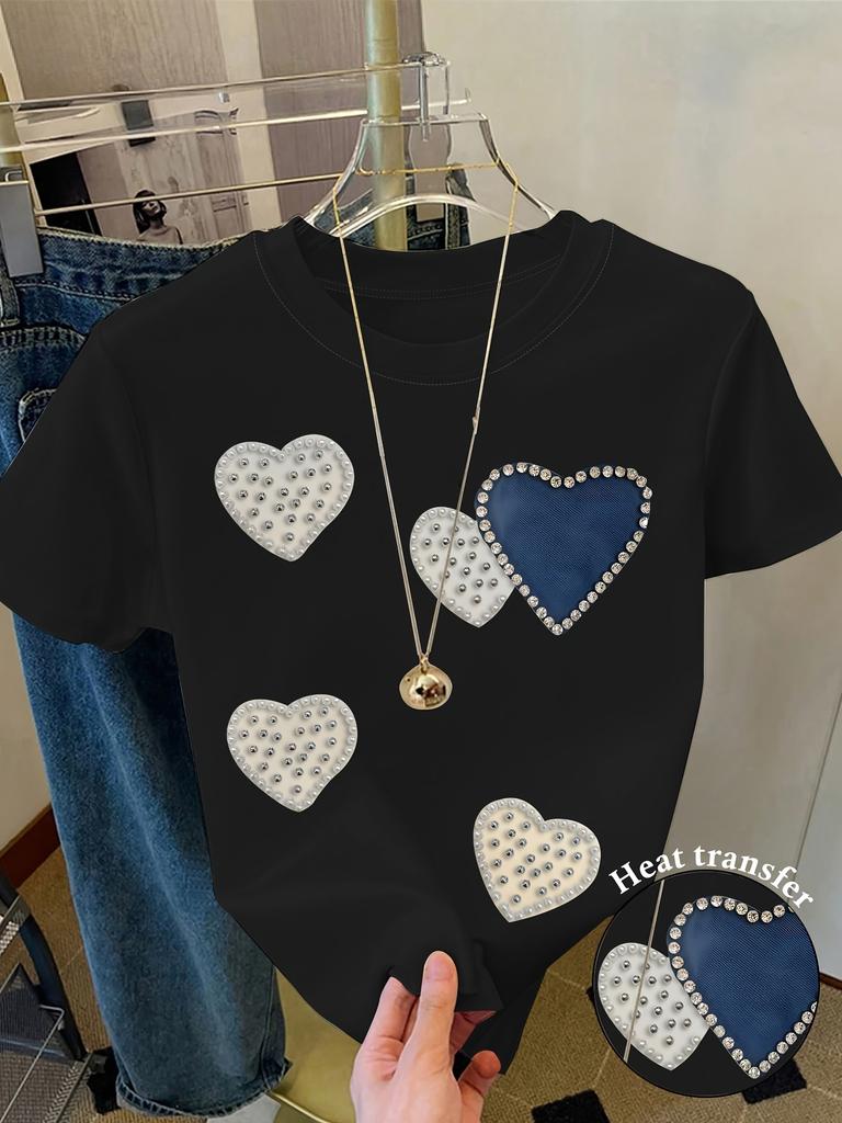 Pearl & Rhinestone Heart Women's Tee - Faux Pearl Heart Graphic, Casual Pink Top