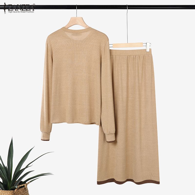 ZANZEA Bluzka z długim rękawem i spodnie damskie, casualowe dwuczęściowe zestawy garniturowe