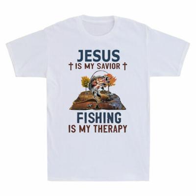Jesus Is My Savior Fishing Is My Therapy Funny Christian Gift Retro Men T-Shirt Unisex T-Shirt