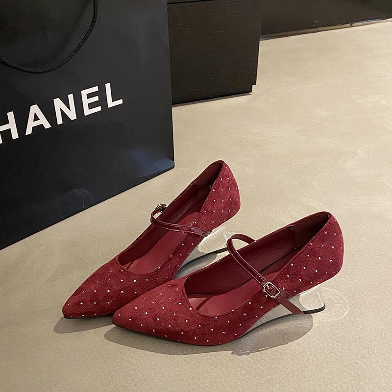 Women's Slope Heel Shoes Spring New Pointed Head Suede Rhinestones with Anti-slip Wear-resistant High Heels