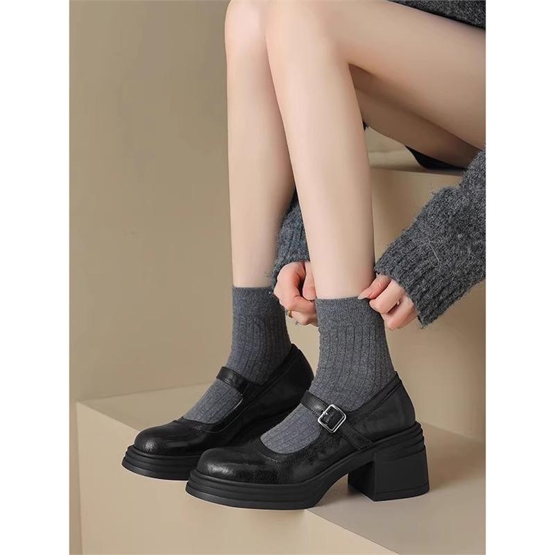 Mary Jane Shoes Women's 2025 Autumn Small Man Thick Sole Height Increase 6.5cm Black Round Head Thick Heel Retro French Small