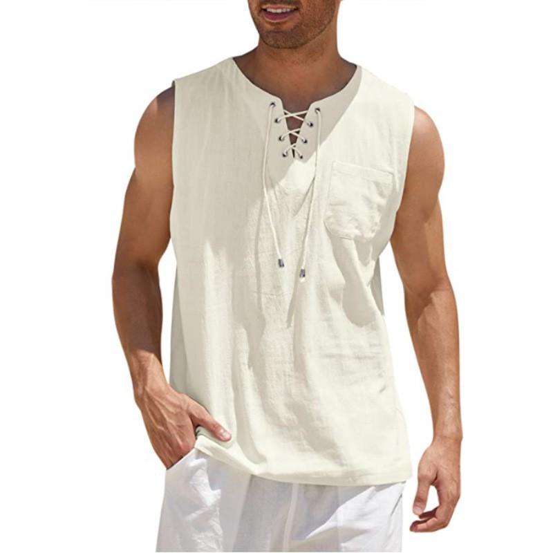 Men Crew Neck Lace Up Sleeveless Linen Tank Top Front Pocket Casual Breathable Summer Beach Vest Tops
