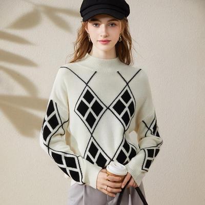 TUHUANG Women's Pure Wool Color-Block Half-High Neck Knit Sweater