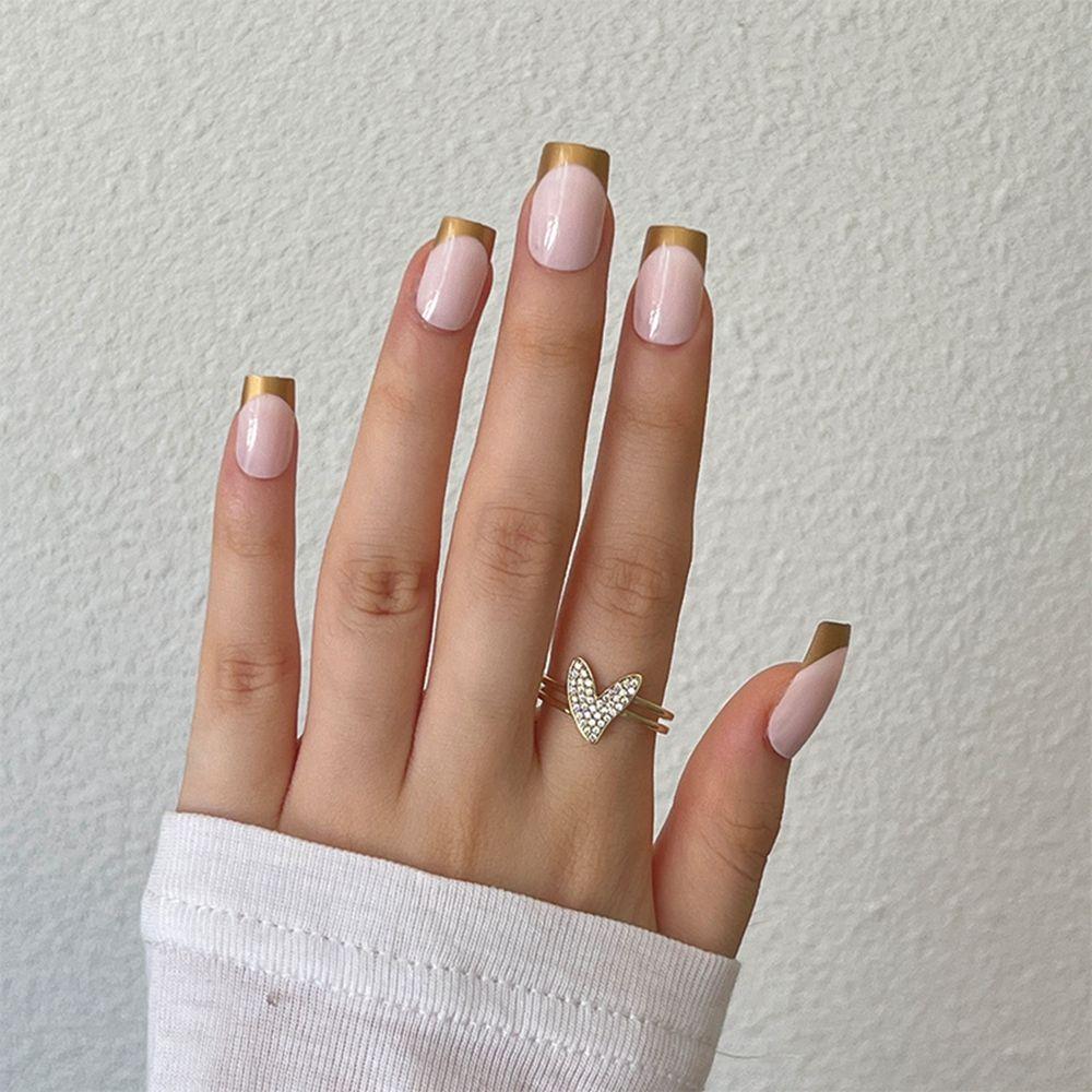Shiny Pink with Pearl Luster False Nails Short Square Fake Nials Full Cover Press on Nails DIY Detachable Crystal Nail Tips