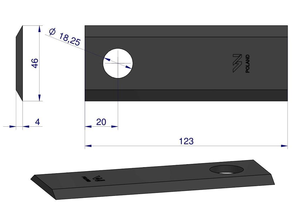 Messer, Rasenmähermesser 123X46X4mm Loch 18.25 Anwendung 56451210 Kuhn Waryński ( Verkauft in 25er-Packungen )