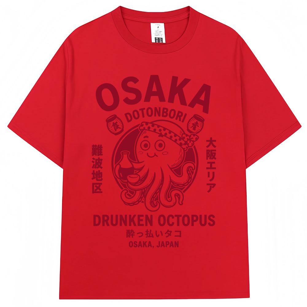 Japanese Style Osaka Drunken Octopus Graphic Tshirt Unisex Unisex Dotonbori Vintage Tshirts Loose Cotton T Shirts Streetwear Gifts