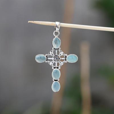 Aquamarine Gemstone Cross Pendant 100% 925 Sterling Silver Handmade Jewelry