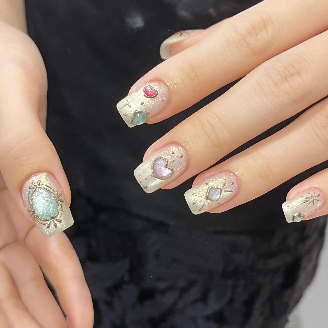 

Champagne Crystal Cat-Eye Press-On Nails with Gold Foil & Fine Glitter