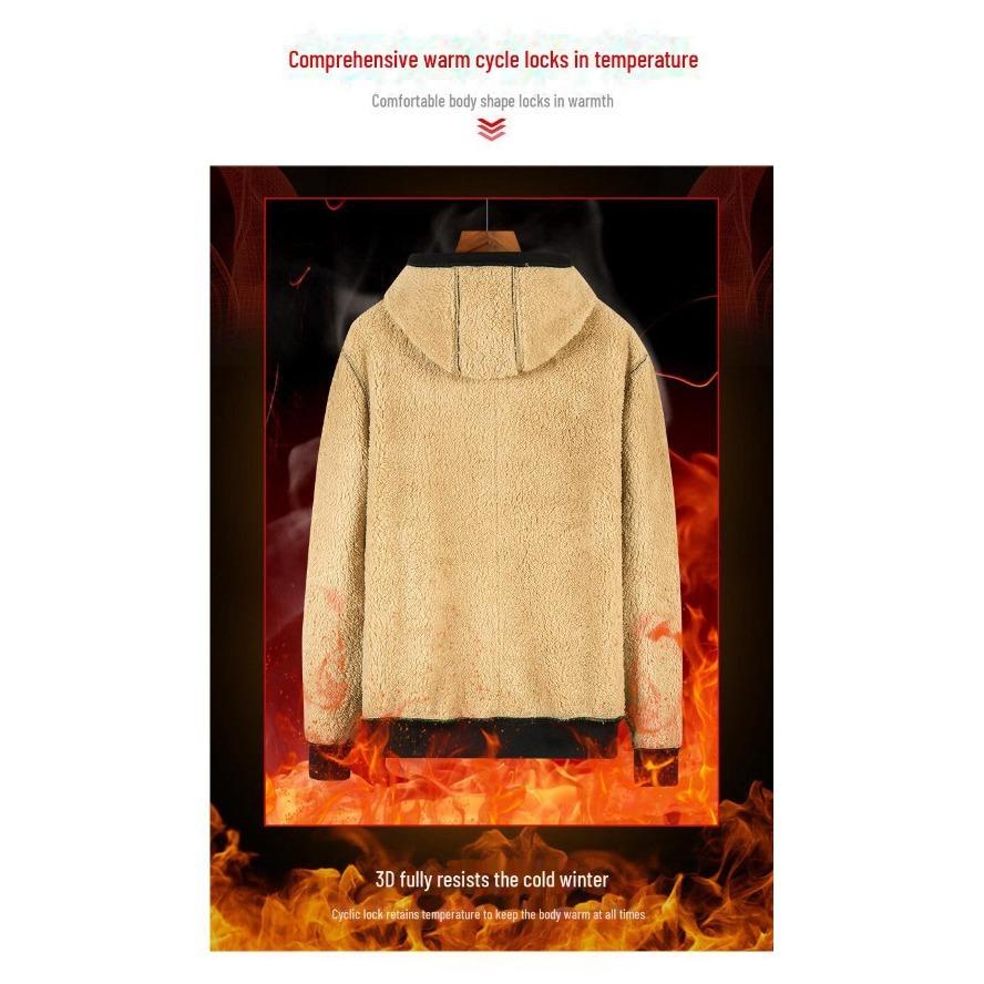 Lammskinnshuvtröja för män, höst/vinter 2023, trendig enfärgad, plus sammet, förtjockad jacka