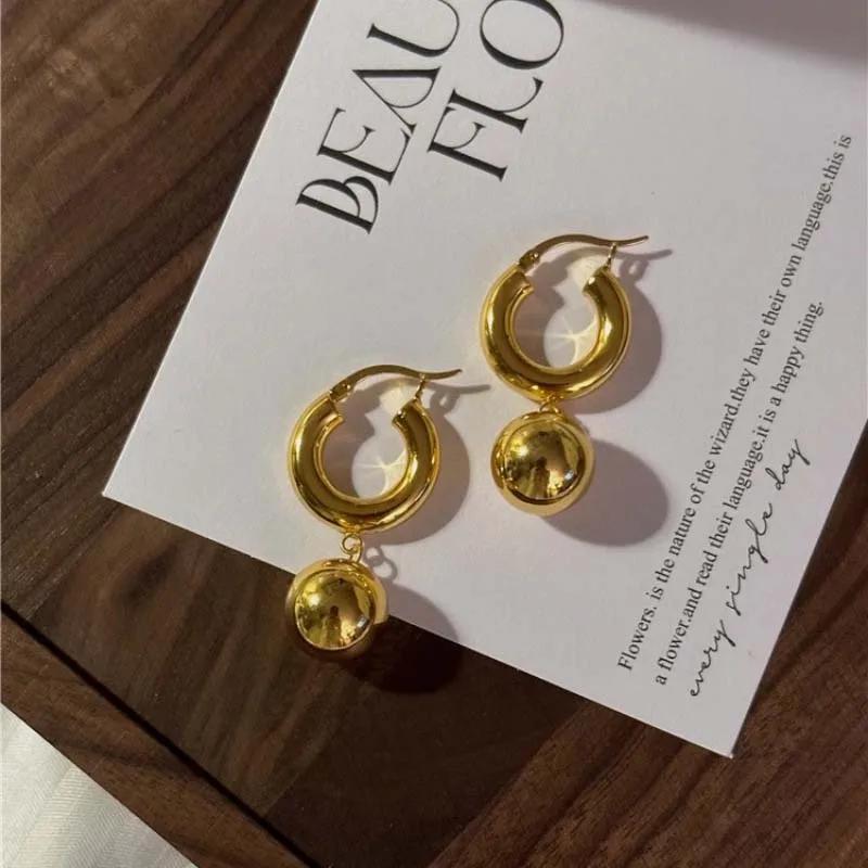 Vintage Metal Gold Color Smooth Ball Drop Earrings For Women Girl Minimalist Stainless Steel Hoop Earrings Jewelry Gifts
