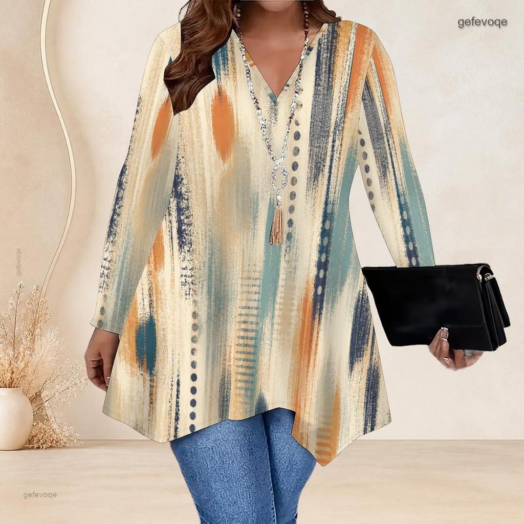Women Plus Size V Neck Long Sleeve Colorful Printed Asymmetric Hem Flared Tunic Top