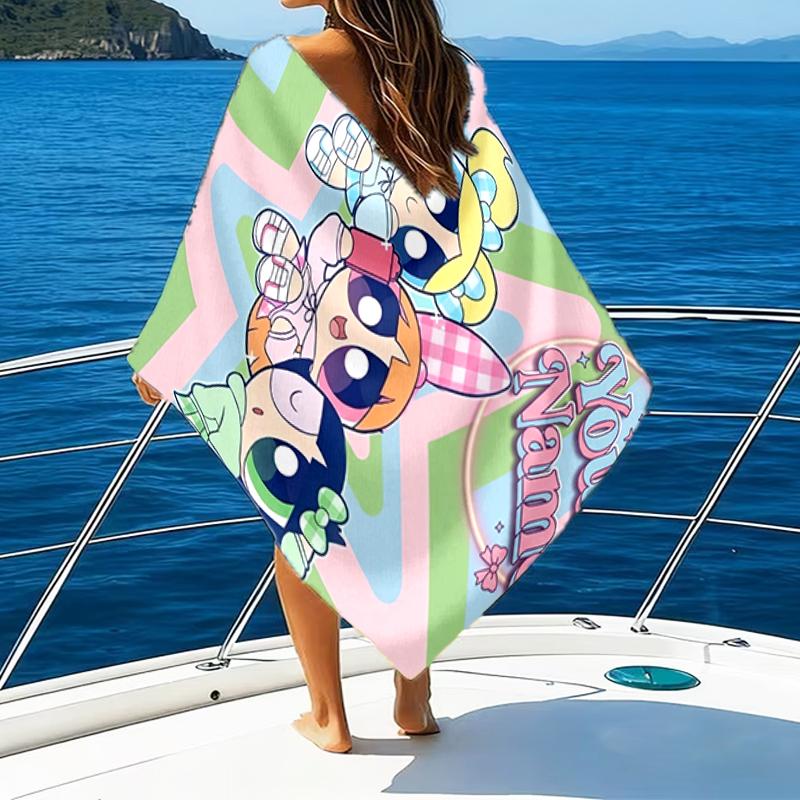 1pc Powerpuff Beach Towel with Custom Name, Beach and Seaside Swimming Pool Equipment, Fashion Pattern, Rectangular, Travel Essential