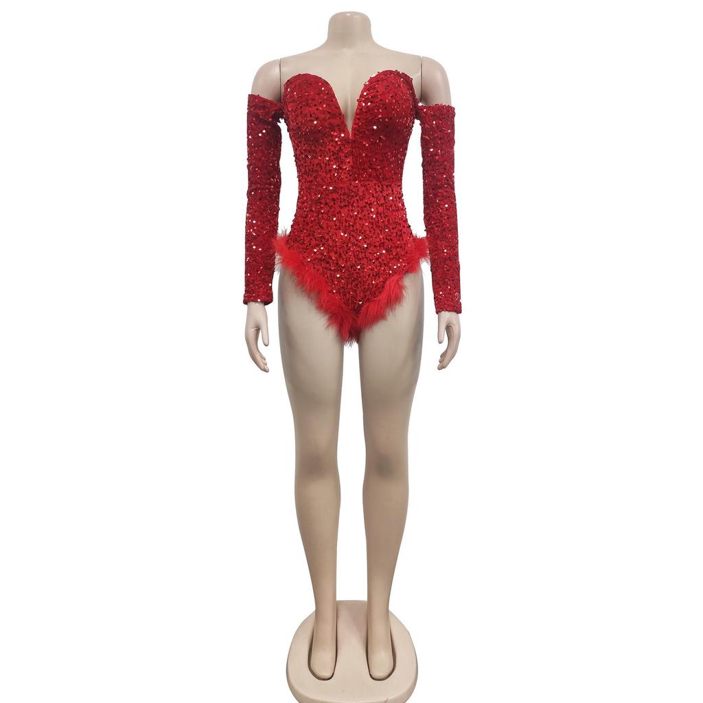 Sequined Long Sleeve Solid Color Jumpsuit with Shorts - Women's Fashion Europe America