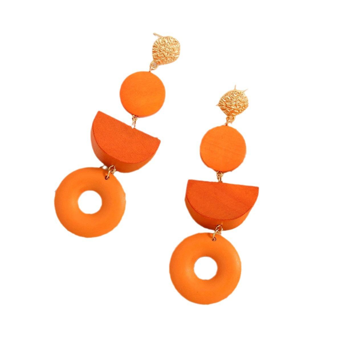 Геометрические деревянные серьги ретро круглые серьги с цветовыми блоками полые деревянные серьги деревянное искусство дизайн с цветовыми блоками 4*3 cm оранжевый
