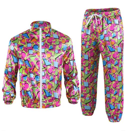 Damen Herren Kostüm 80er 90er Anzug Party Zubehör Disco Jacke Hose Outfit Damen Herren Kostüm Trainingsanzug für Karneval