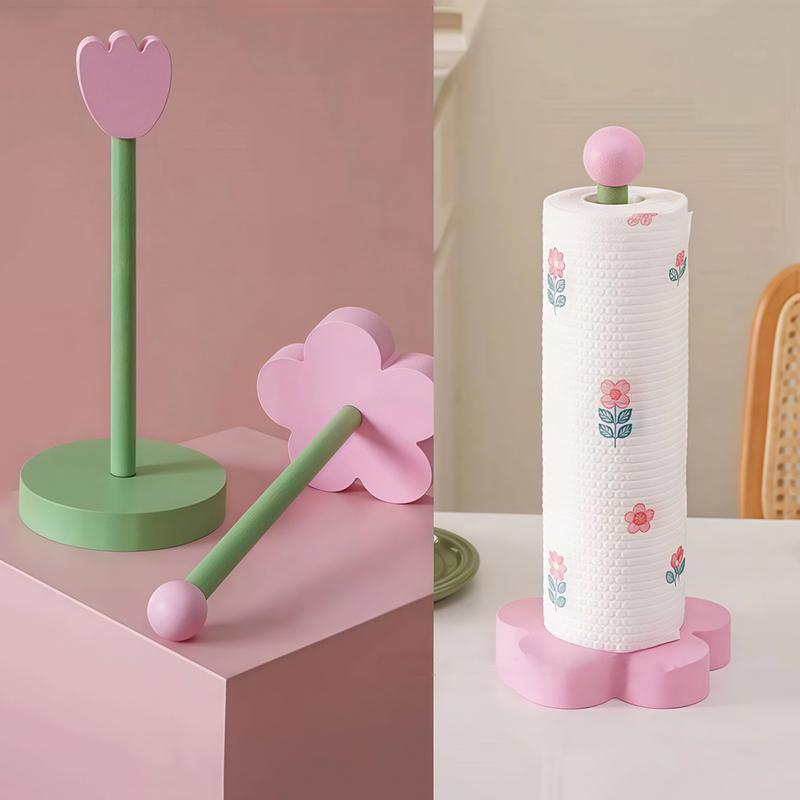 Wooden Tulip Flower Paper Towel Holder Stand Vertical Kitchen Roll Bathroom Tissue Storage Organizer Countertop Desk Decor