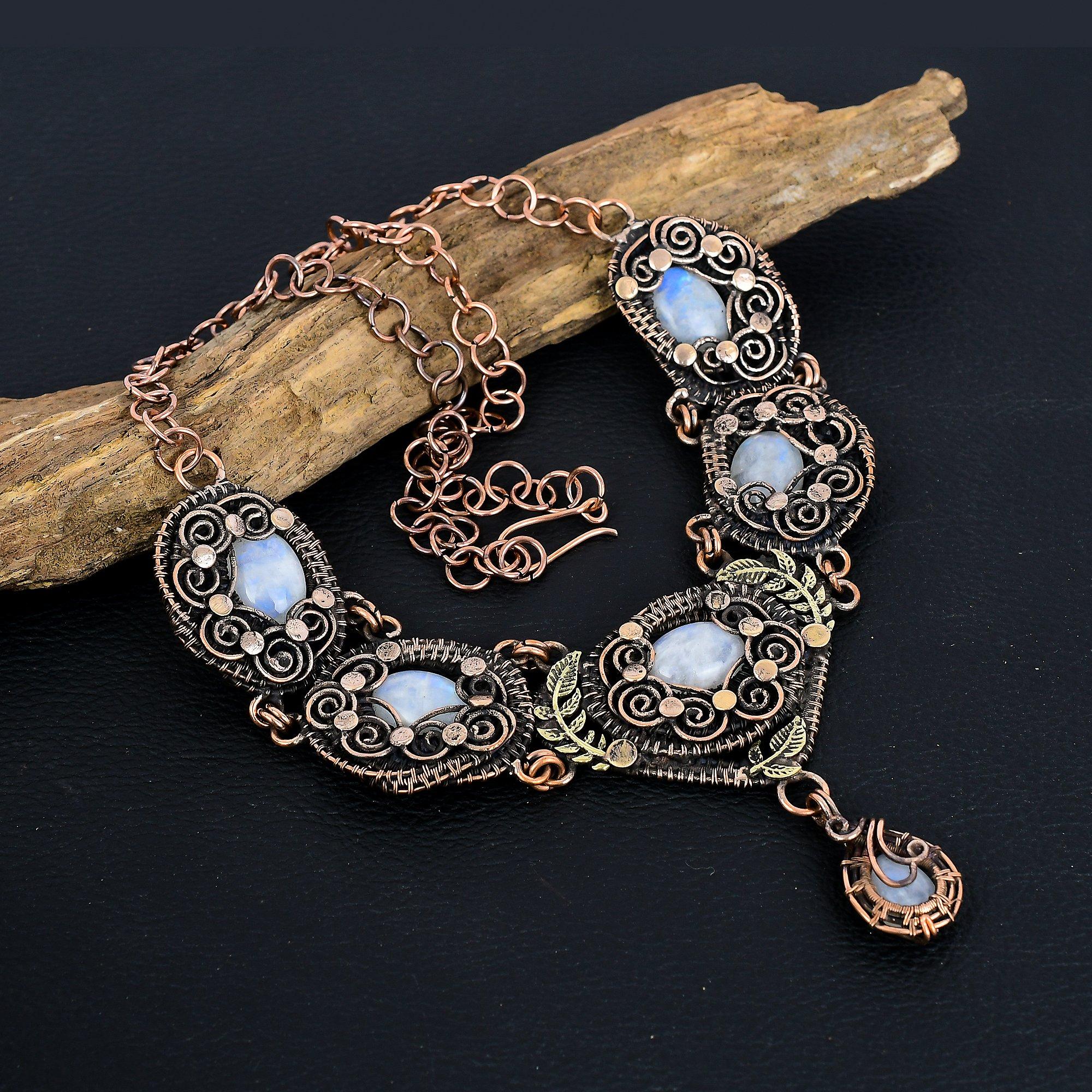 

Ожерелье из радужного лунного камня, ювелирное изделие с драгоценным камнем, ожерелье на регулируемой цепочке, обернутое медной проволокой 999 пробы, подарок для женщин, ожерелье ручной работы Adjustable With 18 Inches